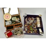 A SELECTION OF COSTUME JEWELLERY AND JEWELLERY BOX, to include items such as a silver 'Royal