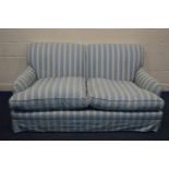 A MODERN HOWARD AND SONS STYLE STRIPPED BLUE AND WHITE TWO SEATER SOFA, width 180cm x depth 106cm (