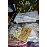 TWO BOXES OF TABLE LINEN, HABERDASHERY ITEMS, NEEDLEWORK PICTURES, etc, including buttons,
