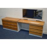 A TEAK AND WHITE DRESSING TABLE, with various drawers (splits into two sections)