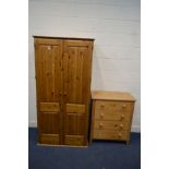 A MODERN PINE TWO DOOR WARDROBE, together with a pine chest of four drawers (2)