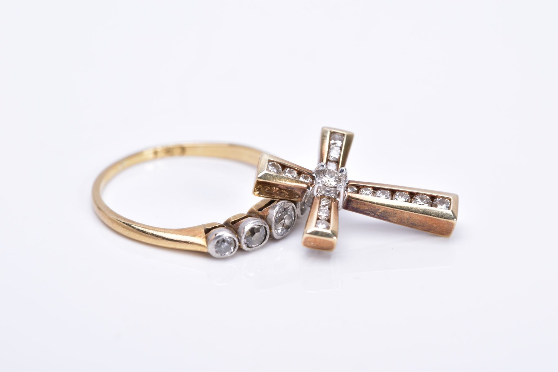 A DIAMOND RING AND CROSS PENDANT, the yellow metal ring set with five graduated old cut diamonds, - Image 2 of 3