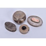 A COLLECTION OF WHITE METAL ASSORTED PILL BOXES, to include an Edwardian silver round box,