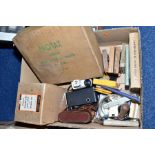 A BOX OF CAMERAS AND EQUIPMENT, including a Zeiss Ikon camera with Prontor S Novar-Anastigmat 1:4,