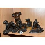 FOUR HEREDITIES BRONZE COLD CAST FIGURES OF DOGS AND TWO OTHER BRONZED BUSTS OF GREYHOUNDS, the