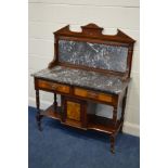 AN EDWARDIAN MAHOGANY AND BURR WALNUT WASHSTAND, with a grey veined marble backsplash and top, width