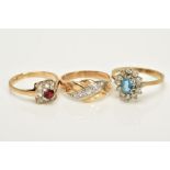THREE 9CT GOLD GEM SET RINGS, to include a squared designed cluster ring set with a circular cut red