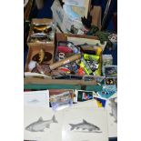 FISHING INTEREST, FOUR BOXES OF TACKLE, PRINTS, MODERN FISH WALL PLAQUEST ETC, including a Mitre-