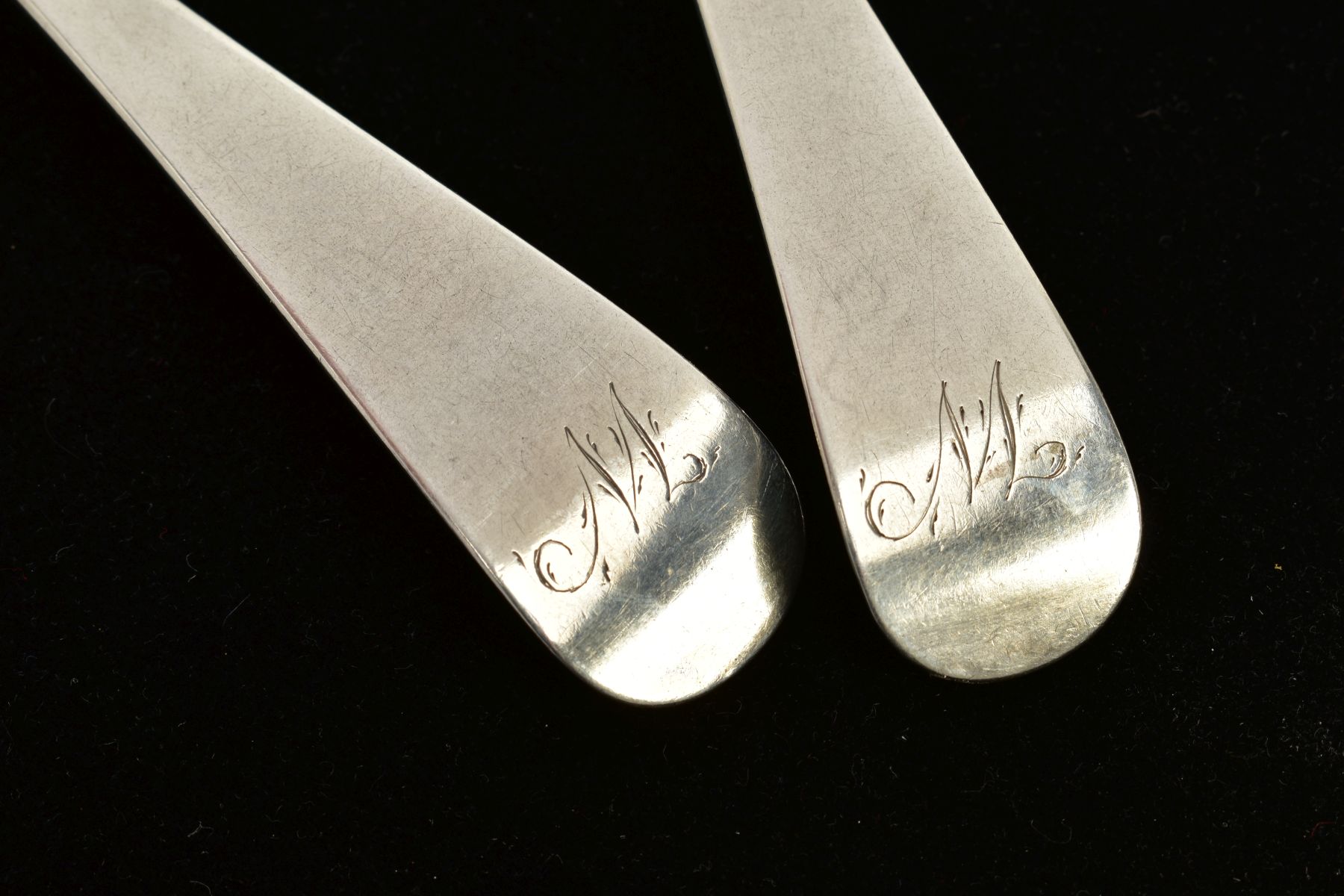 A PAIR OF PROVINCIAL SCOTTISH SILVER TABLESPOONS, plain polished spoons with engraved initials to - Image 2 of 4