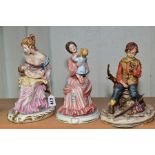 THREE CAPO DI MONTE PORCELAIN FIGURES, two depicting mothers holding infants, both signed '