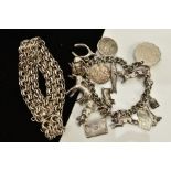 A SILVER BRACELET AND CHARM BRACELET, the wide silver bracelet designed with multiple round links,