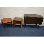 A DISTRESSED GEORGIAN OAK SQUARED TOPPED GATE LEG TABLE, open length 117cm x closed length 42cm x