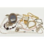 A SELECTION OF JEWELLERY AND ITEMS, to include a miniature silver oval photo frame, hallmarked