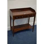 A GEORGIAN MAHOGANY WASHSTAND, gallery top, two crossbanded front frieze drawers, on square tapering