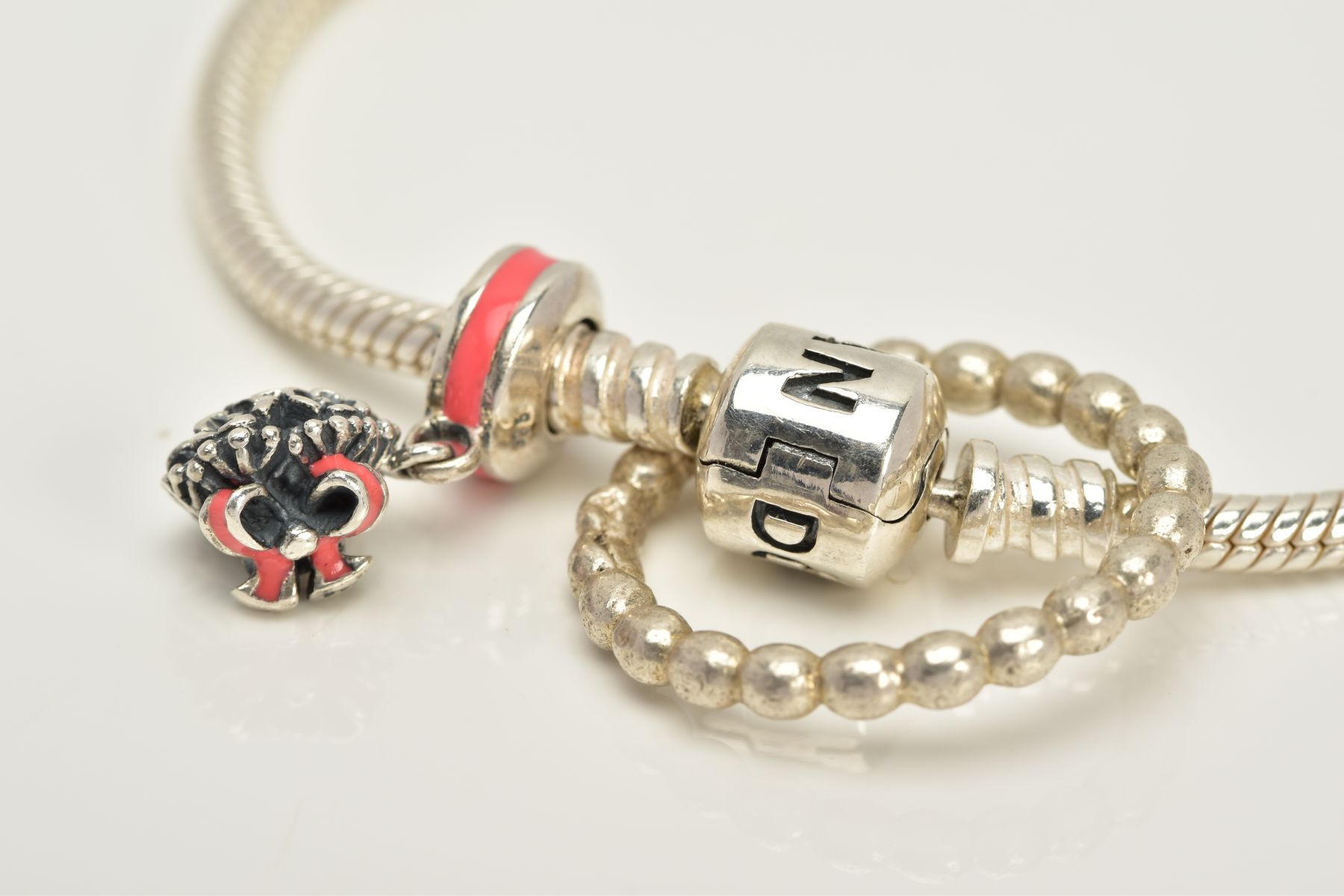 A PANDORA CHARM BRACELET AND WHITE METAL RING, the snake bracelet suspending a bouquet of flowers ' - Image 3 of 3