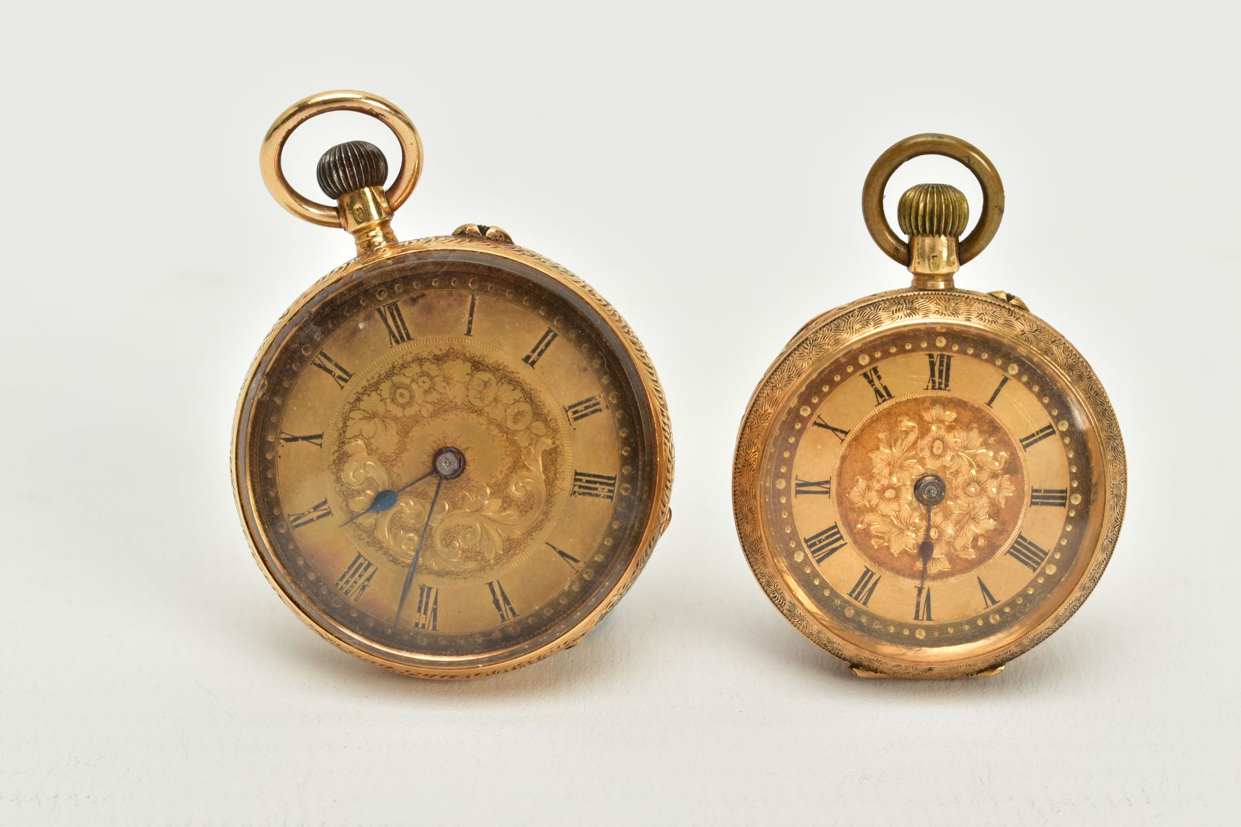 TWO OPEN FACED POCKET WATCHES, the first with a gold coloured floral detailed dial, roman