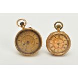 TWO OPEN FACED POCKET WATCHES, the first with a gold coloured floral detailed dial, roman