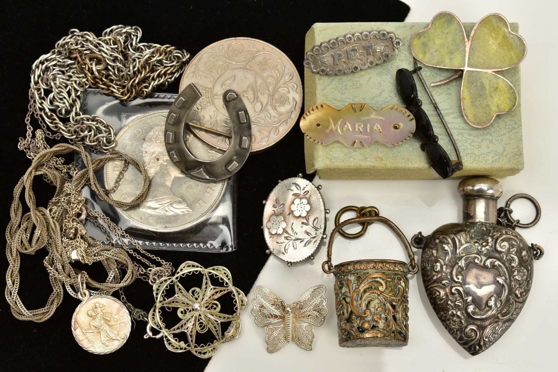 A MISCELLANEOUS SELECTION OF ITEMS, to include a silver heart shaped snuff bottle, embossed with