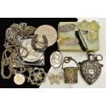 A MISCELLANEOUS SELECTION OF ITEMS, to include a silver heart shaped snuff bottle, embossed with