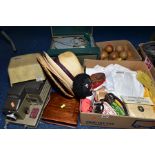 TWO BOXES AND LOOSE SUNDRY ITEMS, to include Panama hats, Aldis 303 slide projector, a Webcor Lark