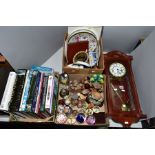 THREE BOXES OF CERAMICS GLASS BOOKS AND A REPRODUCTION WALL CLOCK, including owl ornaments, assorted
