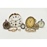 A SELECTION OF CLOCKS, WRISTWATCHES AND POCKET WATCHES, to include a brass travel clock, gold