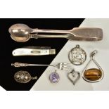 A MISCELLANEOUS SELECTION OF ITEMS, to include a pair of Victorian silver fiddle sugar tongs,