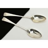 A PAIR OF PROVINCIAL SCOTTISH SILVER TABLESPOONS, plain polished spoons with engraved initials to