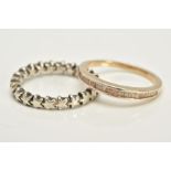 TWO WHITE METAL RINGS, the first designed as a half hoop with channel set tapered diamonds,