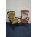A NINETEENTH CENTURY ELM AND BEECH SPINDLE BACK WINDSOR ARMCHAIR (repairs) together with a modern