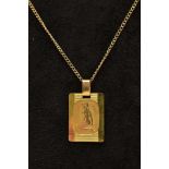 A 9CT GOLD PENDANT NECKLACE, the rectangular panel pendant depicting a nude lady, plain polished