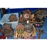 CLOCK RESTORATION INTEREST to include three boxes of cuckoo clocks and clock parts including bellows