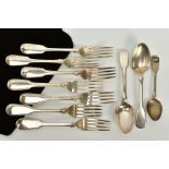 A SELECTION OF SILVER CUTLERY, to include a set of four Fiddle and Thread table forks, hallmarked
