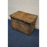 A LARGE VINTAGE WICKER CRATE, metal hinges and latch, width 85cm x depth 61cm x height 59cm