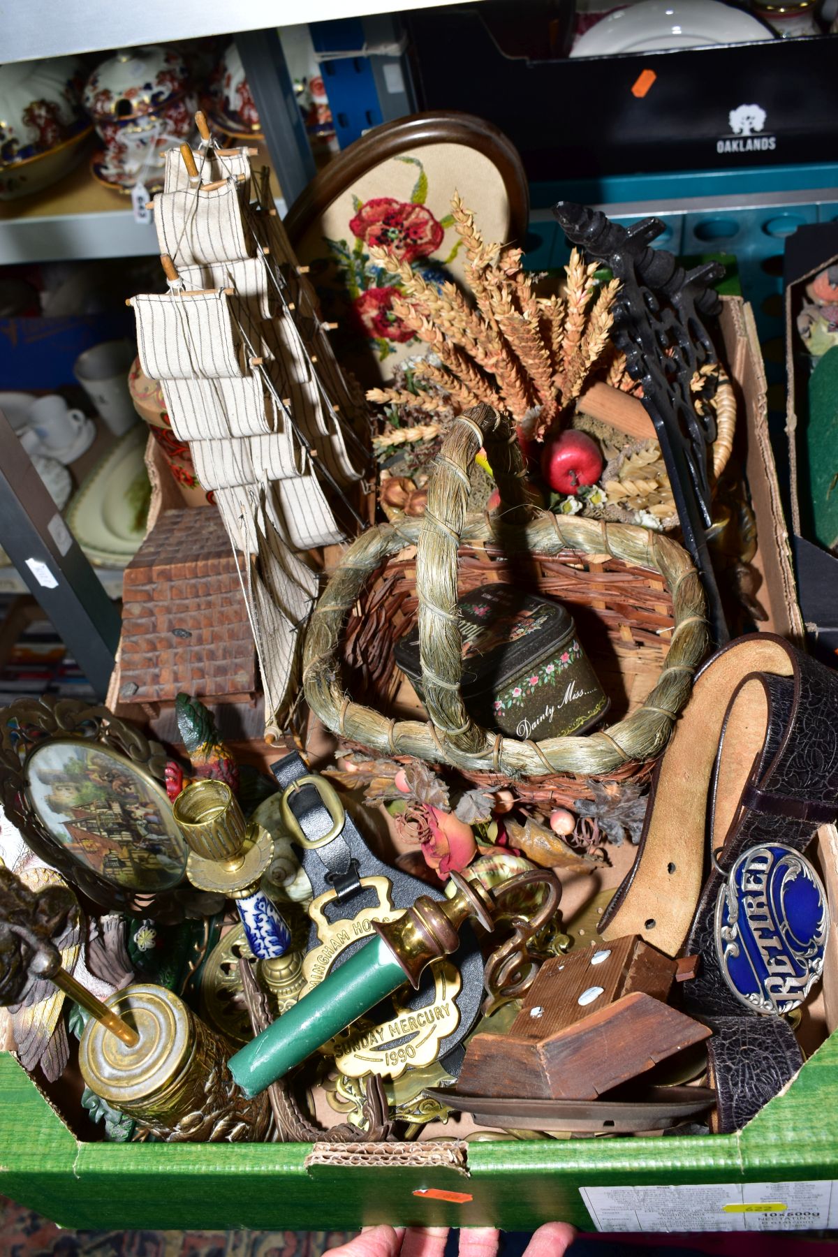 SEVEN BOXES AND LOOSE SUNDRY ITEMS, to include ornaments, brass metal wares, continental wine ewer - Image 4 of 17