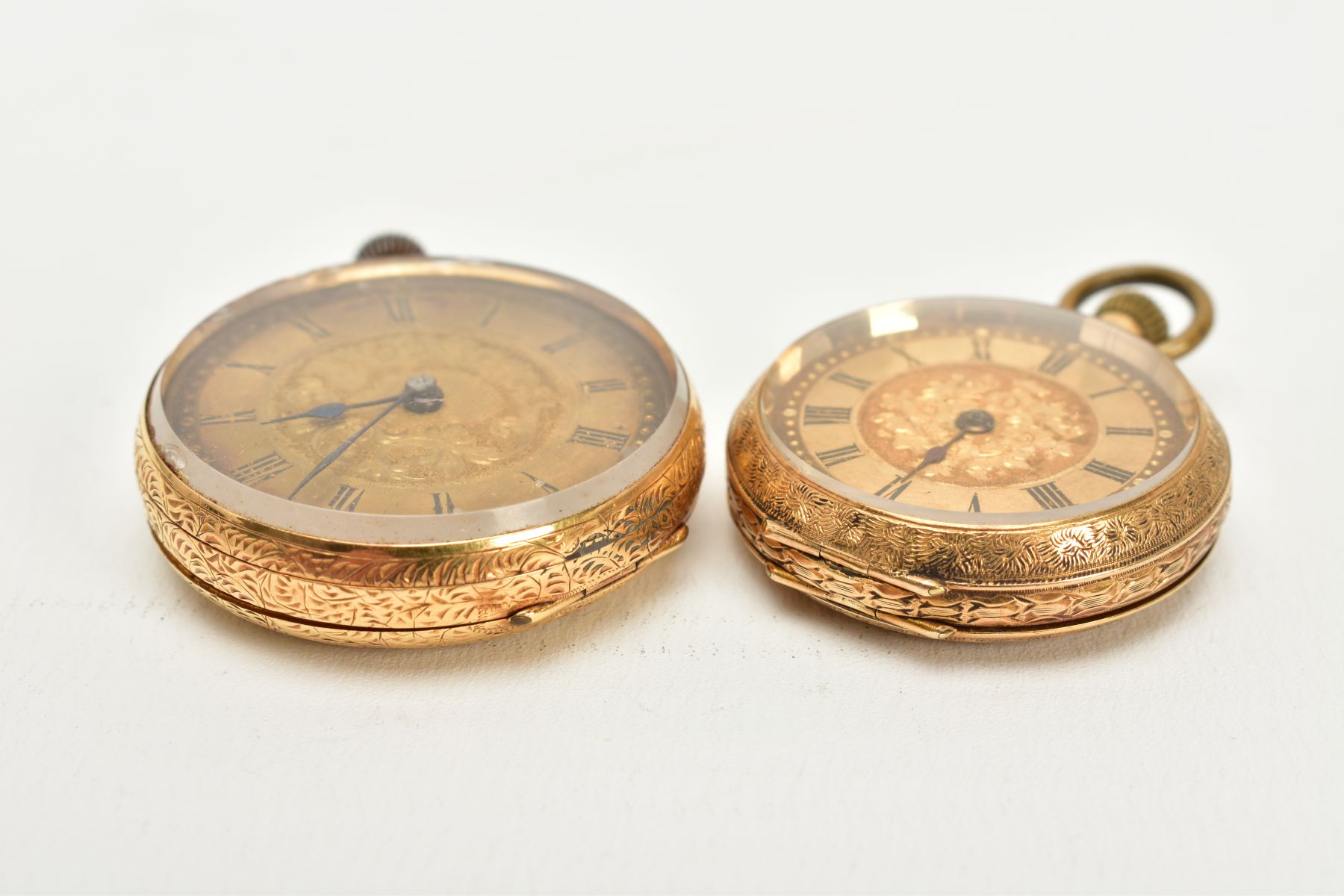 TWO OPEN FACED POCKET WATCHES, the first with a gold coloured floral detailed dial, roman - Image 8 of 8
