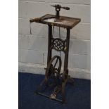 A VINTAGE TREDLE DRILL, width 43cm x depth 44cm x height 112cm and a oak handled severquick (2)