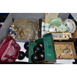 THREE BOXES OF GLASSWARE AND CERAMICS AND TWO BAGS OF CROWN GREEN BOWLING BALLS, small glass