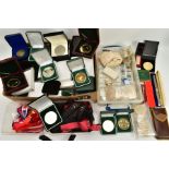 A SELECTION OF FOOTBALL REPLICA MEDALS AND ITEMS, to include two boxes of medal ribbons such as 'the
