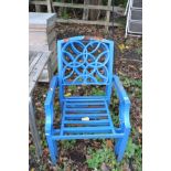 A SET OF THREE STACKING STEEL GARDEN CHAIRS in blue, width 54cm between arms (3)