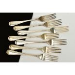 A SELECTION OF SILVER TABLE FORKS, to include a set of five Old English and Thread forks, hallmarked