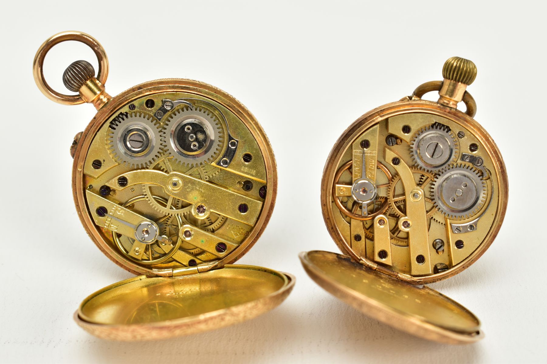 TWO OPEN FACED POCKET WATCHES, the first with a gold coloured floral detailed dial, roman - Image 4 of 8