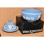 A BOXED WEDGWOOD PALE BLUE JASPERWARE FRUIT BOWL, impressed marks diameter 20cm, together with a