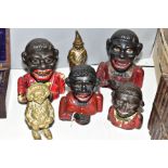 FIVE CAST IRON MONEY BANKS AND A BRASS EXAMPLE, including a 'Little Joe Bank', a clown bank, various