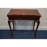 A REPRODUCTION MAHOGANY CONCERNTINA CARD TABLE, double fold over top enclosing an olive green