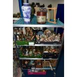 SEVEN BOXES AND LOOSE SUNDRY ITEMS, to include ornaments, brass metal wares, continental wine ewer