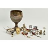 A GEORGE III SILVER PEDESTAL CUP AND OTHER ITEMS, the silver cup engraved 'Margaret my love for 25