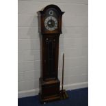 AN EARLY TO MID 20TH CENTURY OAK LONGCASE CLOCK, arched glass door enclosing a brass and silvered