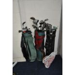 THREE GOLF BAGS CONTAINING CLUBS, including Pinseeker, Dunlop, Sakauri, Donnay etc