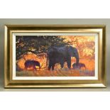 ROLF HARRIS (AUSTRALIAN 1930) 'BACKLIT GOLD' a limited edition print 27/195 depicting elephants in